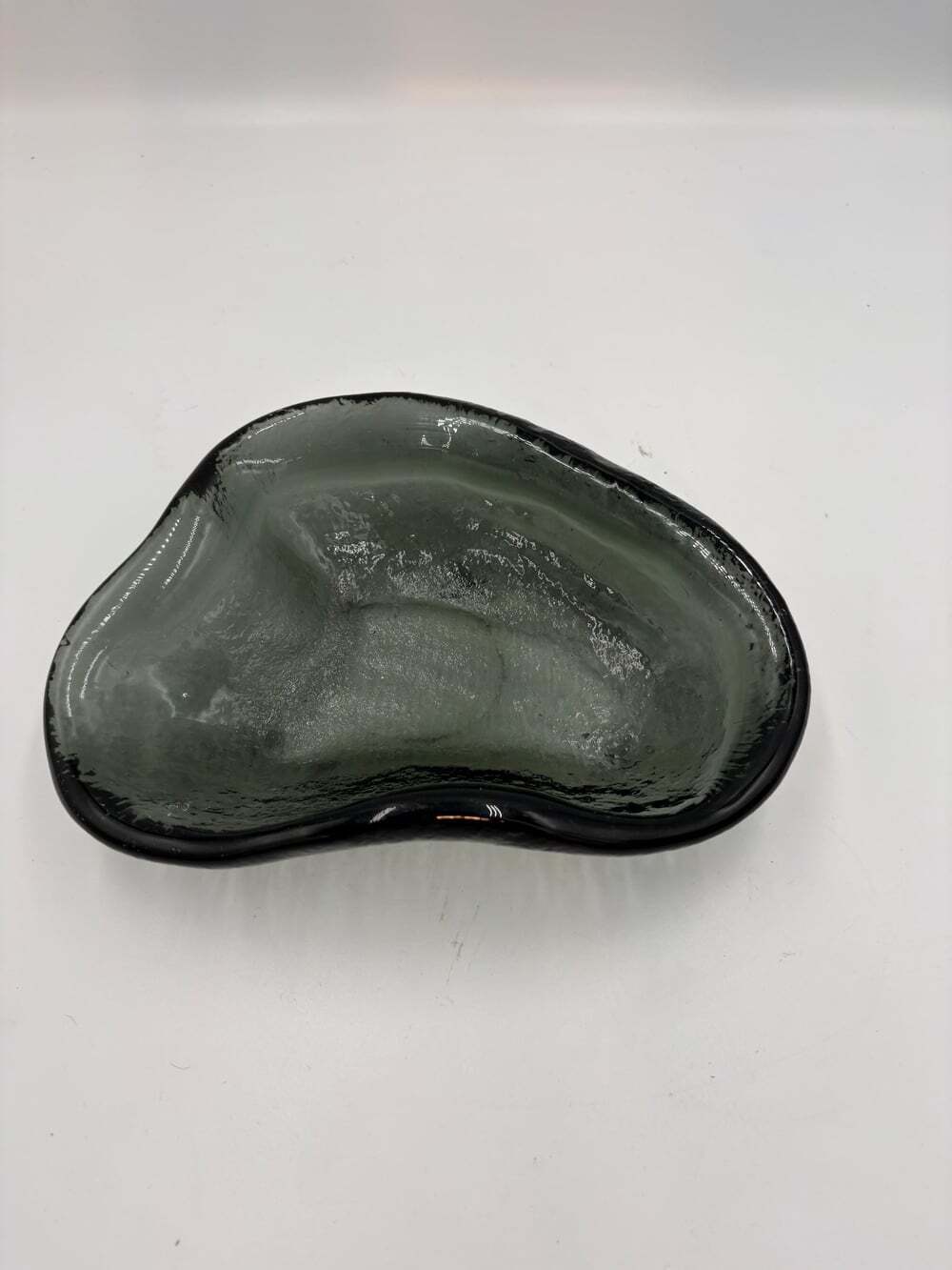 Vintage Smoky Green Freeform Art Glass Bowl | Heavy Biomorphic MCM Glass Dish |